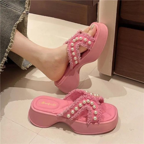 Womens Sandals 2024 Summer Casual Beach Slippers Pearl Platform Fashion Women Shoes 240905