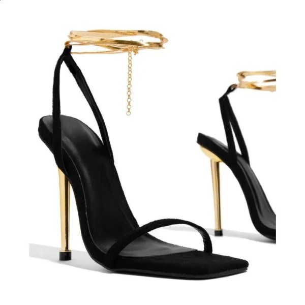 Fashion Women Heels Sexy Gold Padlock High Sandals Thin Single Strap Metal Stiletto Slippers Heel Shoes 240723