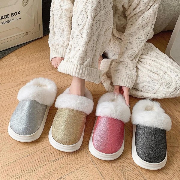 Women sandal Winter Black Pink Grey Fur Slippers Anti Slip Plush Thick Warm Cotton Shoes